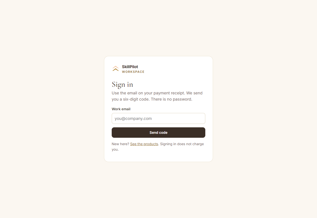 Preview of the SkillPilot workspace sign-in screen