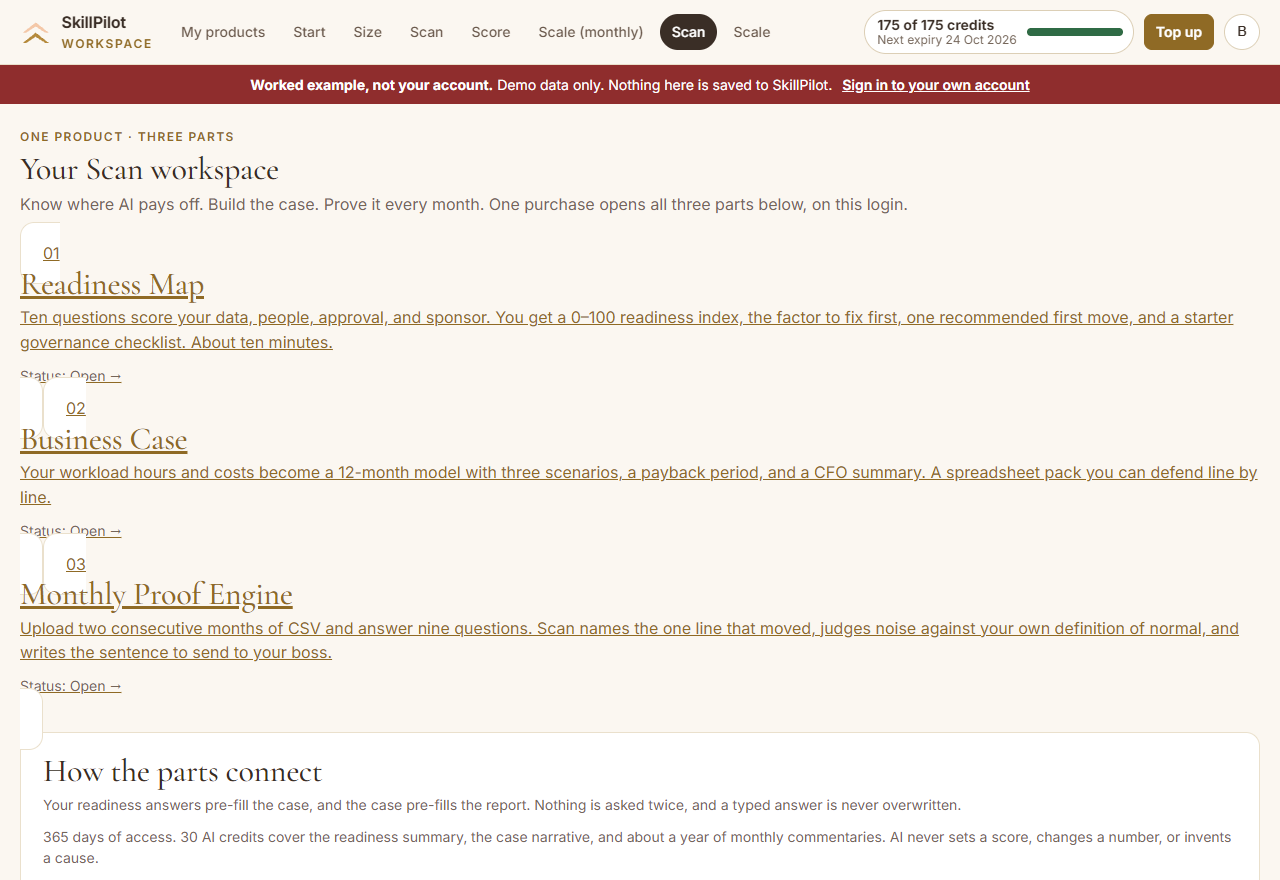 Preview of the Scan workspace: three parts on one login